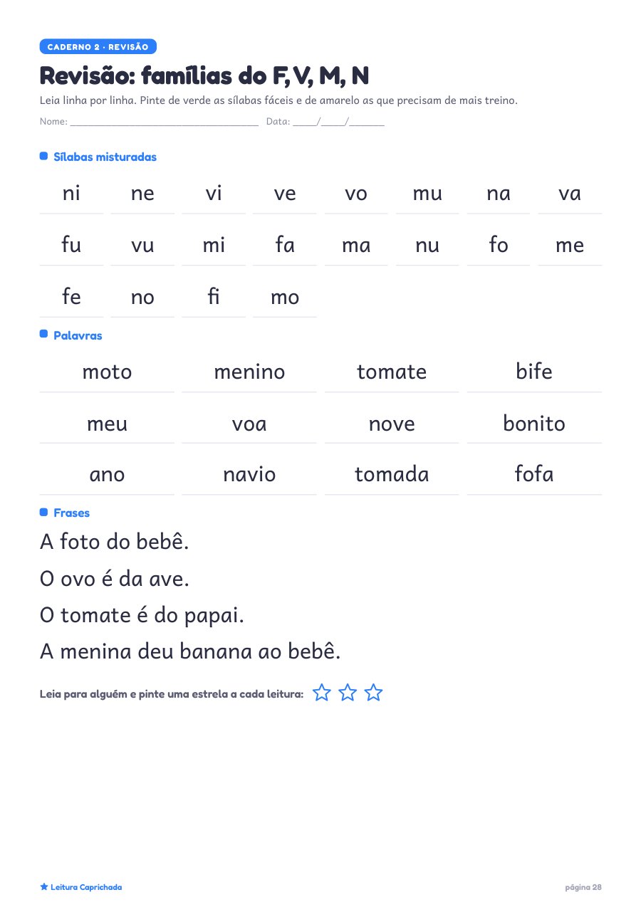 Folha de revisão das famílias do F, V, M e N, com sílabas misturadas, palavras como moto, menino e tomate, e frases curtas